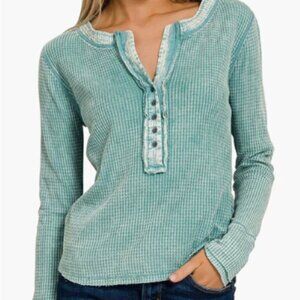 NEW ARRIVAL:  NWT Distressed DUSTY AQUA MARINE Contempary Thermal Henley